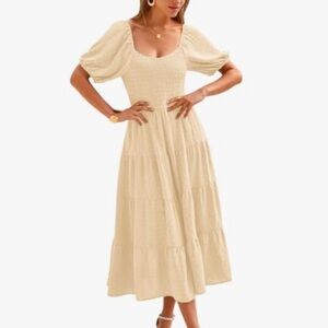 Elegant Swiss dot beige Cream Puff Sleeve midi Dress